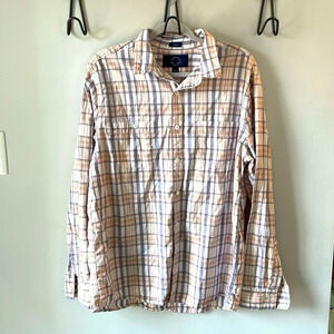 Even Tide, men’s Large, blue tan and white plaid button-down dress shirt, EUC